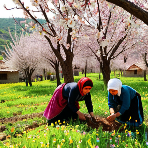 **

A vibrant scene of a traditional Turkish village during springtime. Villagers are shown planting seeds in a field, guided by the wisdom of elders. Focus on the blossoming trees and the lush greenery. Use warm, natural lighting to emphasize the life and renewal of the season. Incorporate elements of traditional Turkish clothing and tools. The overall style should be reminiscent of a detailed, realistic painting.

**