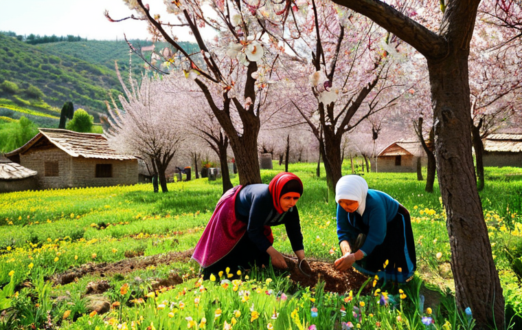 **

A vibrant scene of a traditional Turkish village during springtime. Villagers are shown planting seeds in a field, guided by the wisdom of elders. Focus on the blossoming trees and the lush greenery. Use warm, natural lighting to emphasize the life and renewal of the season. Incorporate elements of traditional Turkish clothing and tools. The overall style should be reminiscent of a detailed, realistic painting.

**